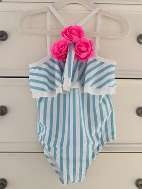 EUC Janie and Jack Toddler Girl Rosette Stripe Swimsuit - Size 3